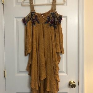 Free People Mustard Yellow Cold-Shoulder Floral Embroidered Dress